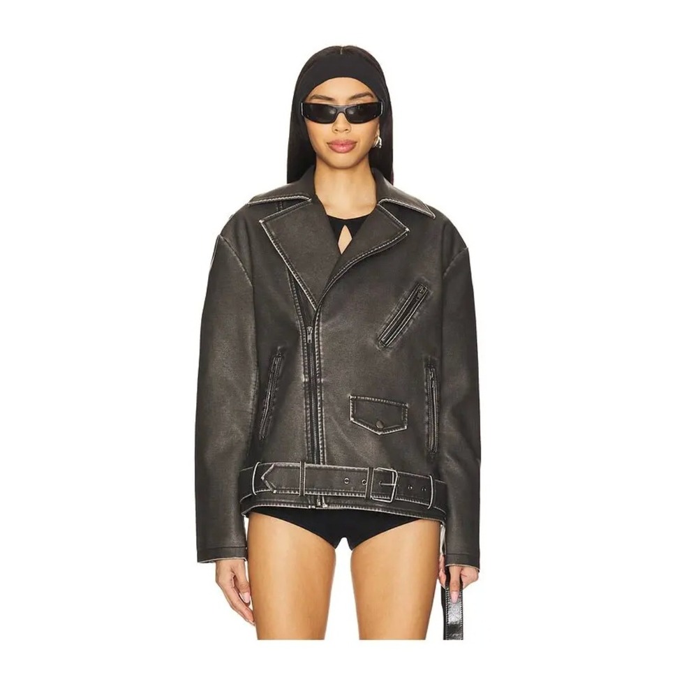 NEW superdown Zosia Biker Jacket Black Metallic Faux Leather S Revolve